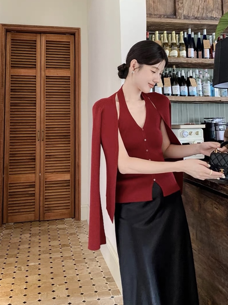 Lanely Two Piece Halter Neck Knit Top with Cardigan 