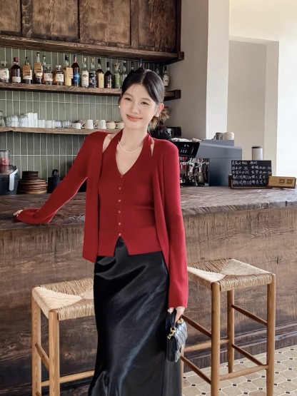 Lanely Two Piece Halter Neck Knit Top with Cardigan 