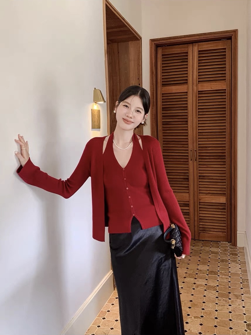 Lanely Two Piece Halter Neck Knit Top with Cardigan 