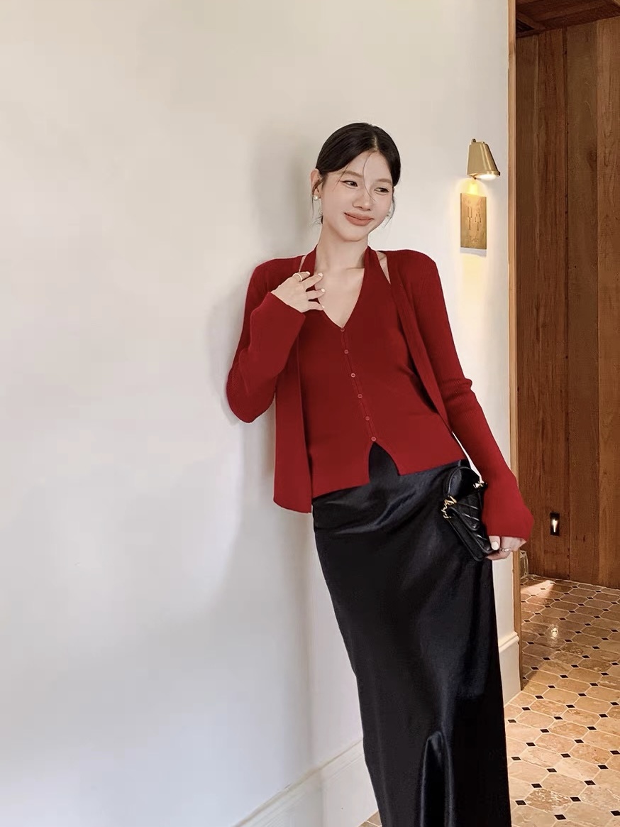 Lanely Two Piece Halter Neck Knit Top with Cardigan 