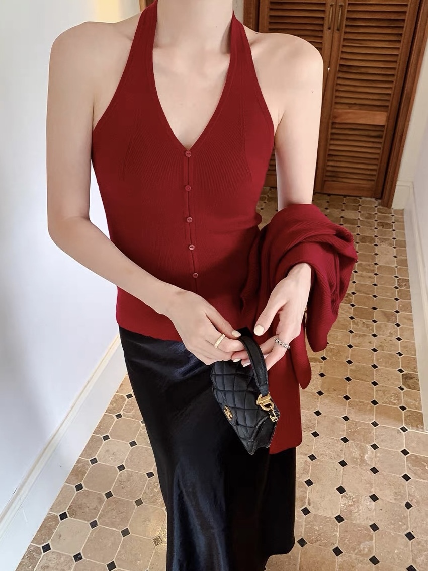 Lanely Two Piece Halter Neck Knit Top with Cardigan 