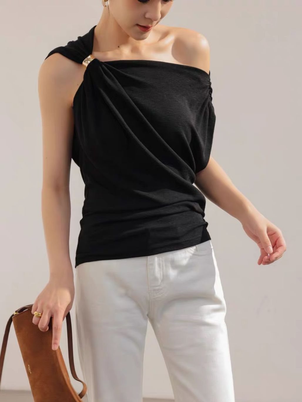 Lewia Modal Cotton Blend Aysmmetric Shoulder Top
