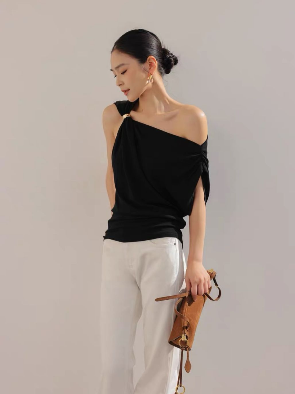 Lewia Modal Cotton Blend Aysmmetric Shoulder Top