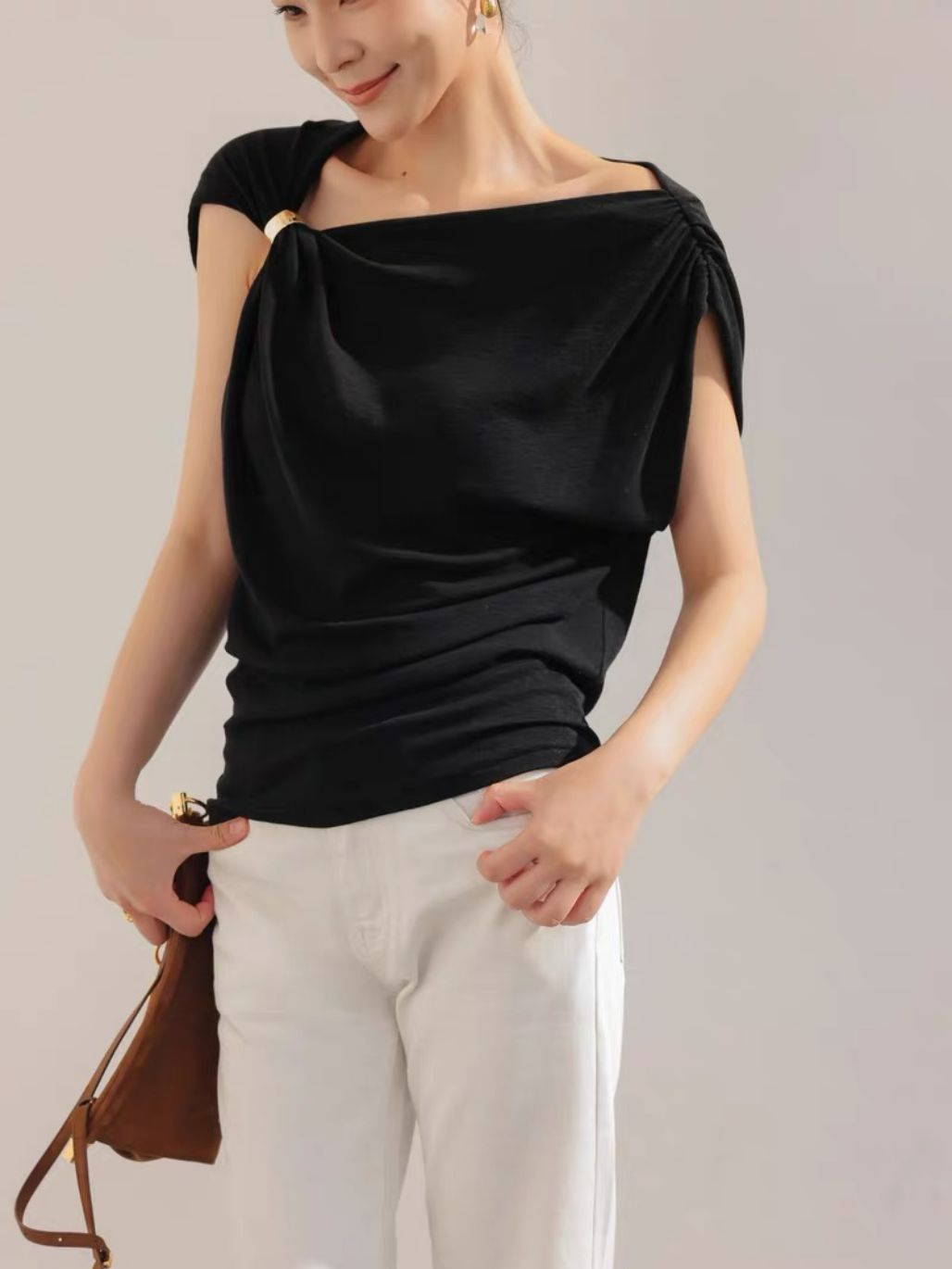 Lewia Modal Cotton Blend Aysmmetric Shoulder Top