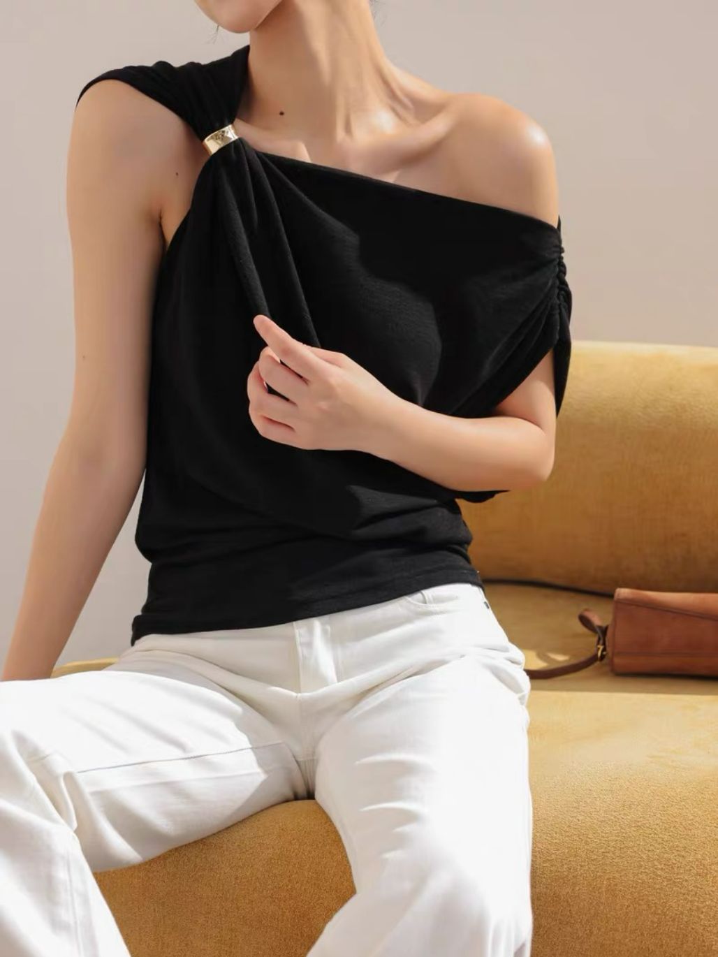 Lewia Modal Cotton Blend Aysmmetric Shoulder Top