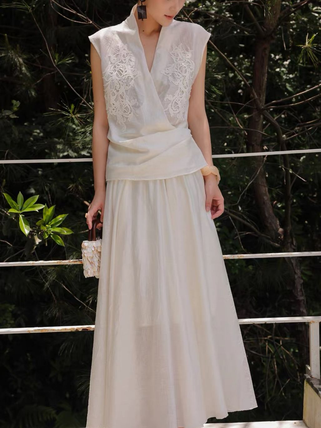 Ling Zi Graceful Embroided Vest & Flowy Hem Skirt (Sold Seperately)