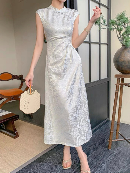 Ding Cang Stand Collar Ruched Waist A-Line Cheongsam-The Black Bow-