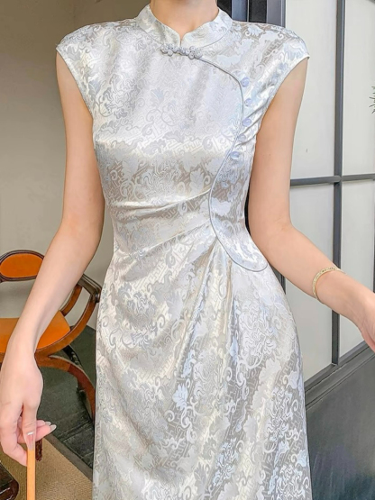 Ding Cang Stand Collar Ruched Waist A-Line Cheongsam-The Black Bow-