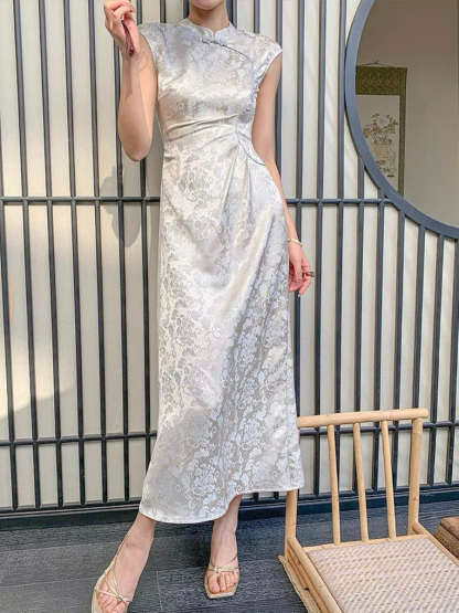 Ding Cang Stand Collar Ruched Waist A-Line Cheongsam-The Black Bow-