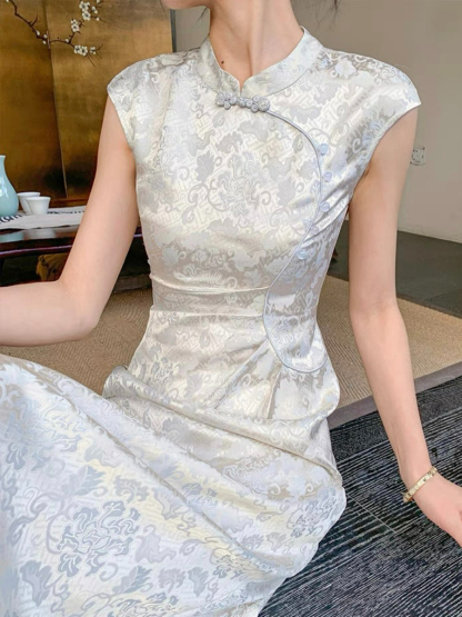 Ding Cang Stand Collar Ruched Waist A-Line Cheongsam-The Black Bow-