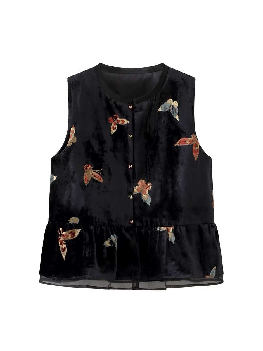 Shuang Ji Butterfly Printing Velvet Oriental Vest