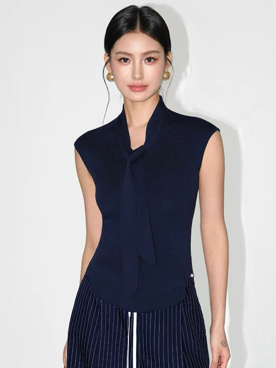 Keyra Neck Tie Cap Sleeves Knit Top