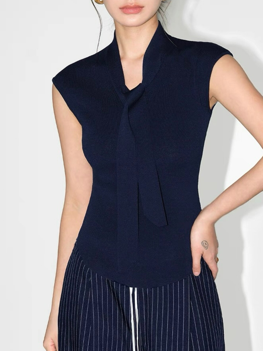 Keyra Neck Tie Cap Sleeves Knit Top