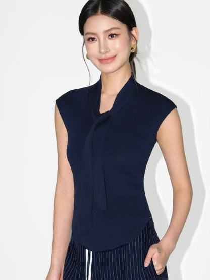 Keyra Neck Tie Cap Sleeves Knit Top