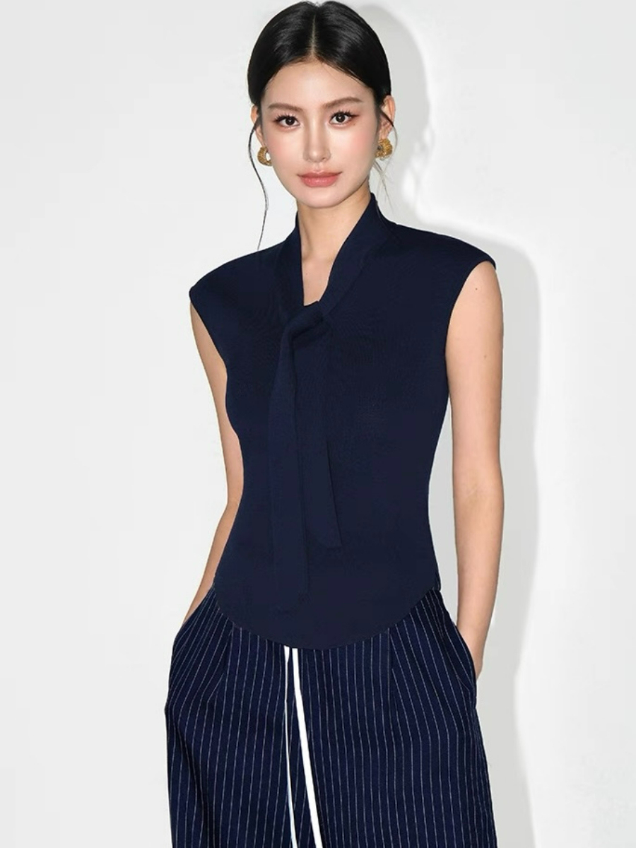 Keyra Neck Tie Cap Sleeves Knit Top