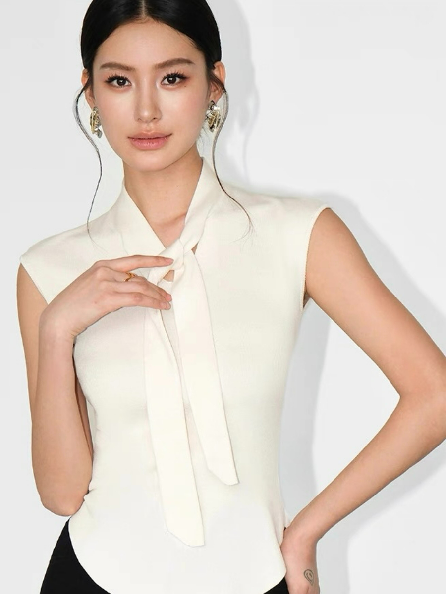 Keyra Neck Tie Cap Sleeves Knit Top