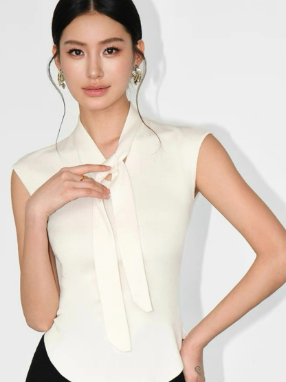Keyra Neck Tie Cap Sleeves Knit Top