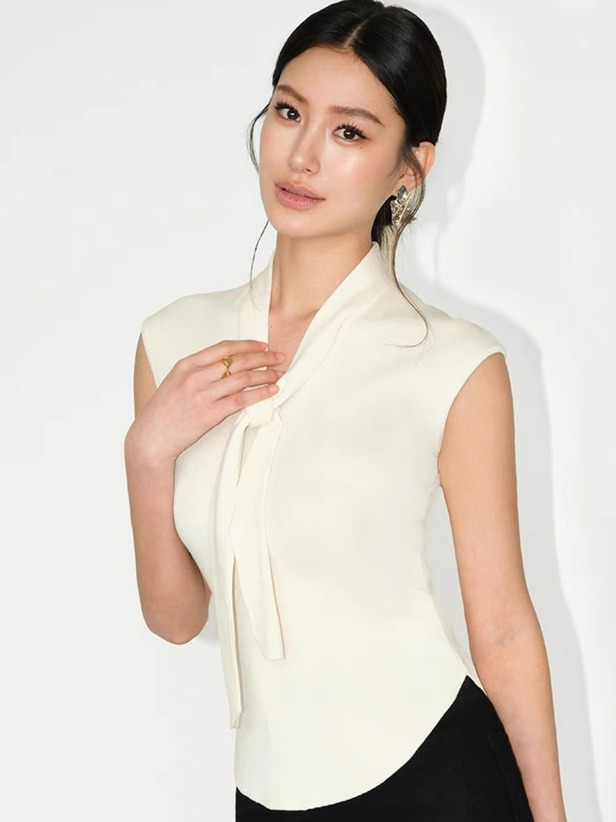 Keyra Neck Tie Cap Sleeves Knit Top