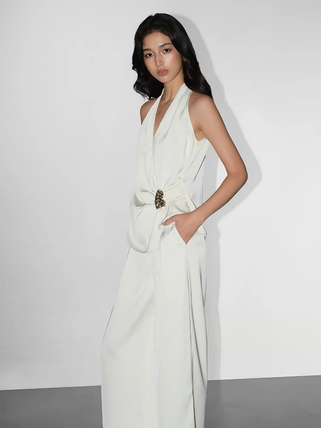Regina Silky Drape Top with Metal Buckle Detail & Graceful Pants (Sold seperately)