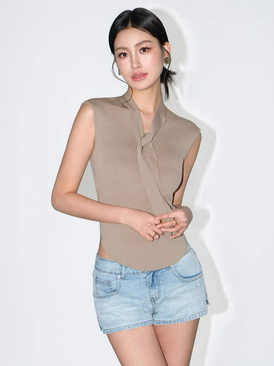 Keyra Neck Tie Cap Sleeves Knit Top