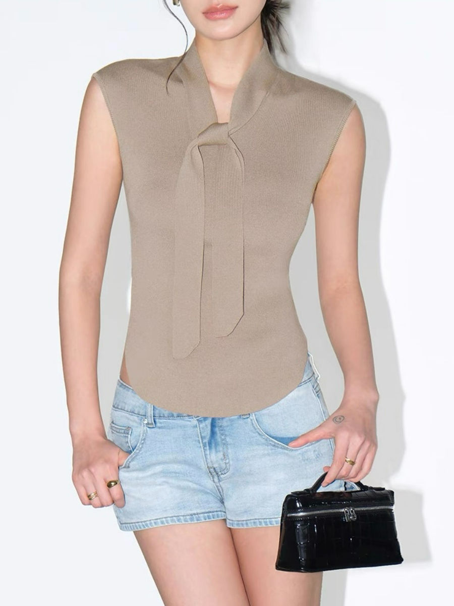 Keyra Neck Tie Cap Sleeves Knit Top