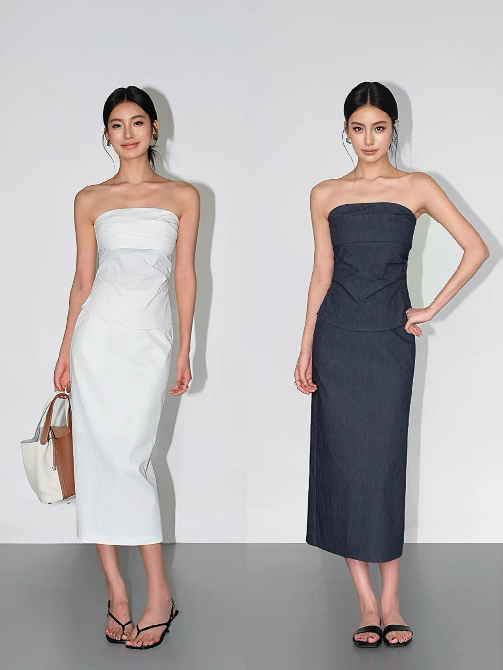 Raven Pleated Tube Top & Midi Skirt (Sold seperately）