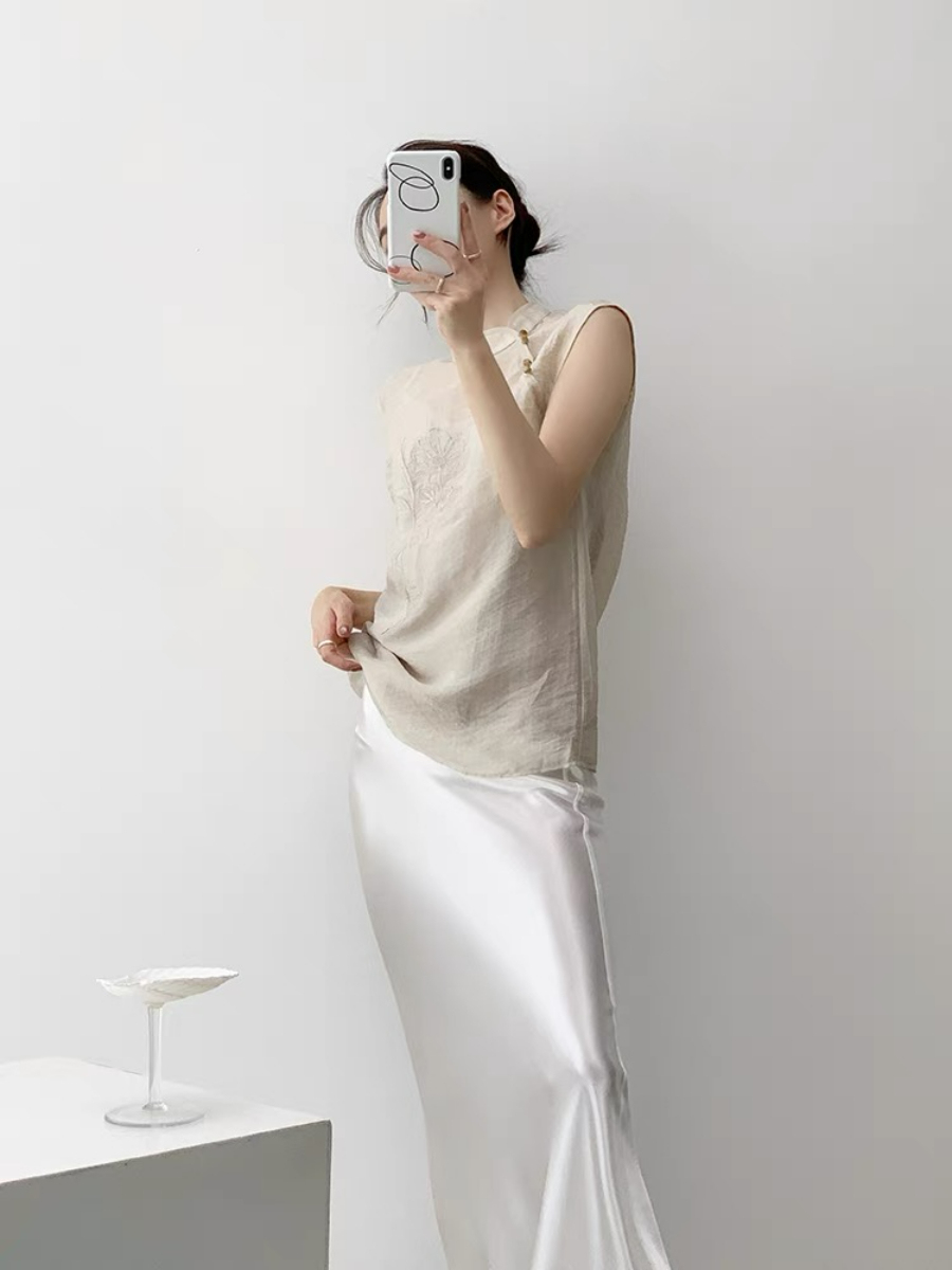 Xi An Lotus Printing Sheer Oriental Top-The Black Bow-