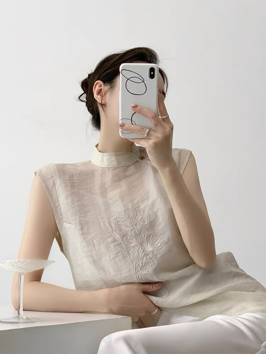 Xi An Lotus Printing Sheer Oriental Top-The Black Bow-