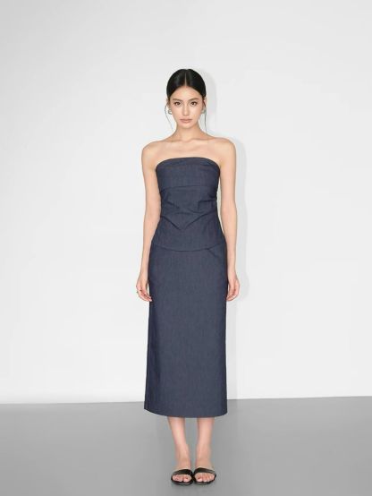 Raven Pleated Tube Top & Midi Skirt (Sold seperately）