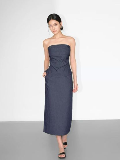 Raven Pleated Tube Top & Midi Skirt (Sold seperately）