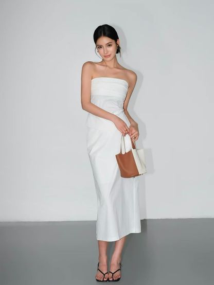 Raven Pleated Tube Top & Midi Skirt (Sold seperately）