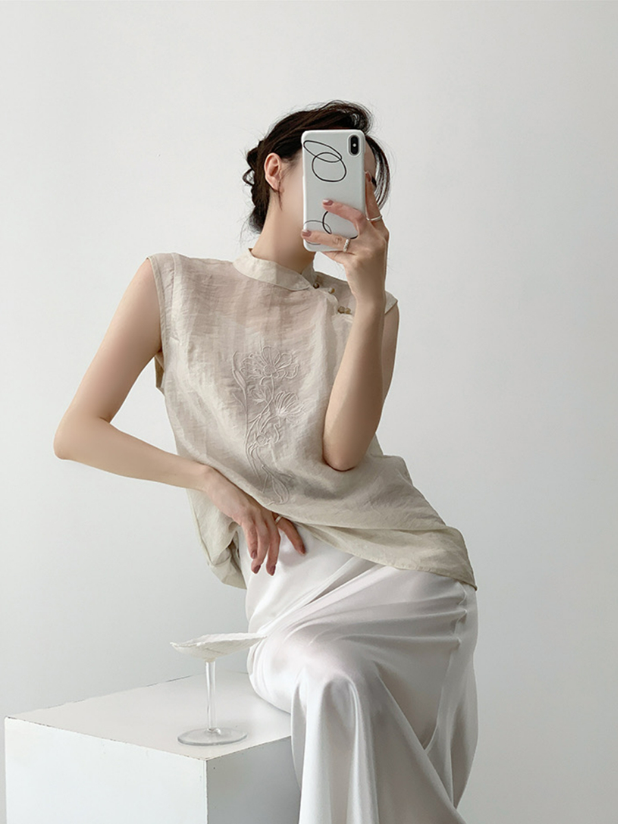 Xi An Lotus Printing Sheer Oriental Top-The Black Bow-