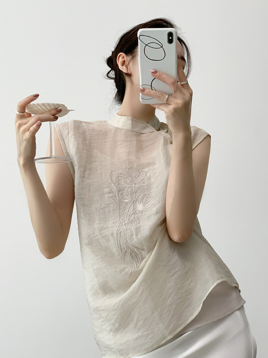 Xi An Lotus Printing Sheer Oriental Top-The Black Bow-