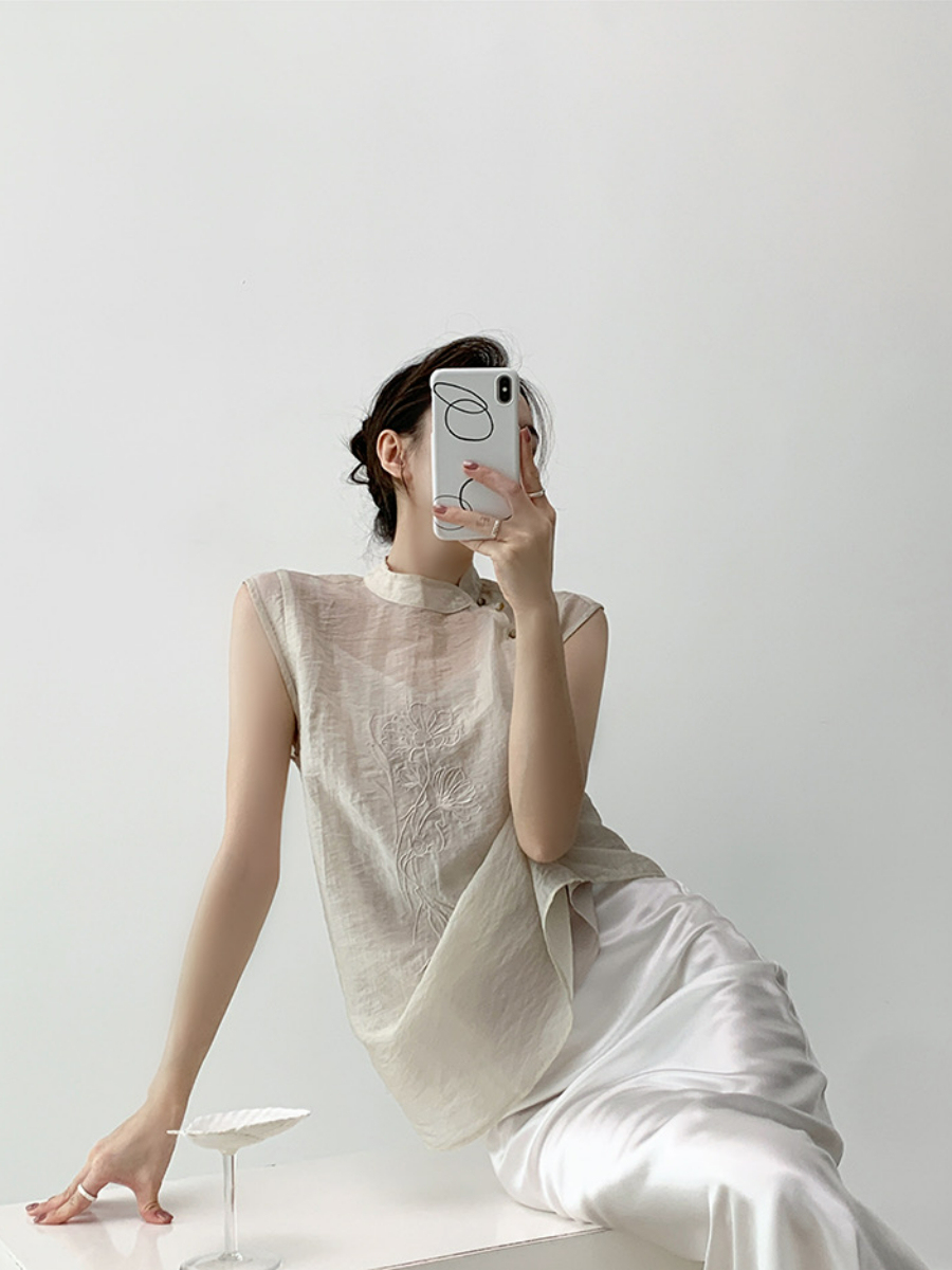 Xi An Lotus Printing Sheer Oriental Top-The Black Bow-