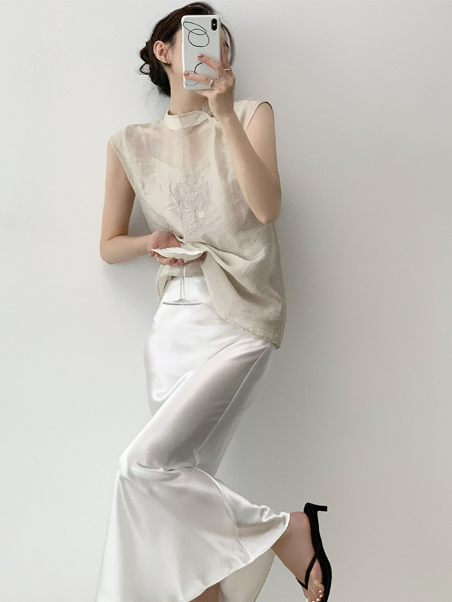 Xi An Lotus Printing Sheer Oriental Top-The Black Bow-