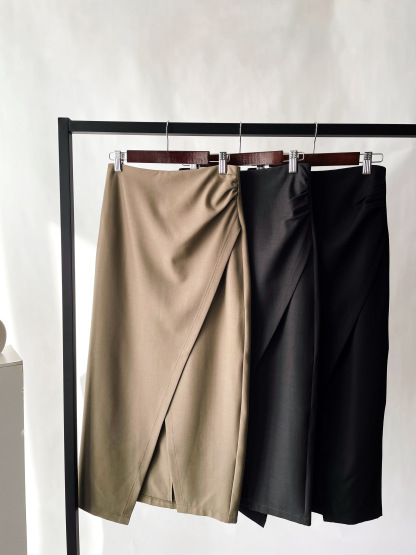 Sandrine Ruched Waist Asymmetric OL Skirt (Discounted-S, M, L size)-The Black Bow-