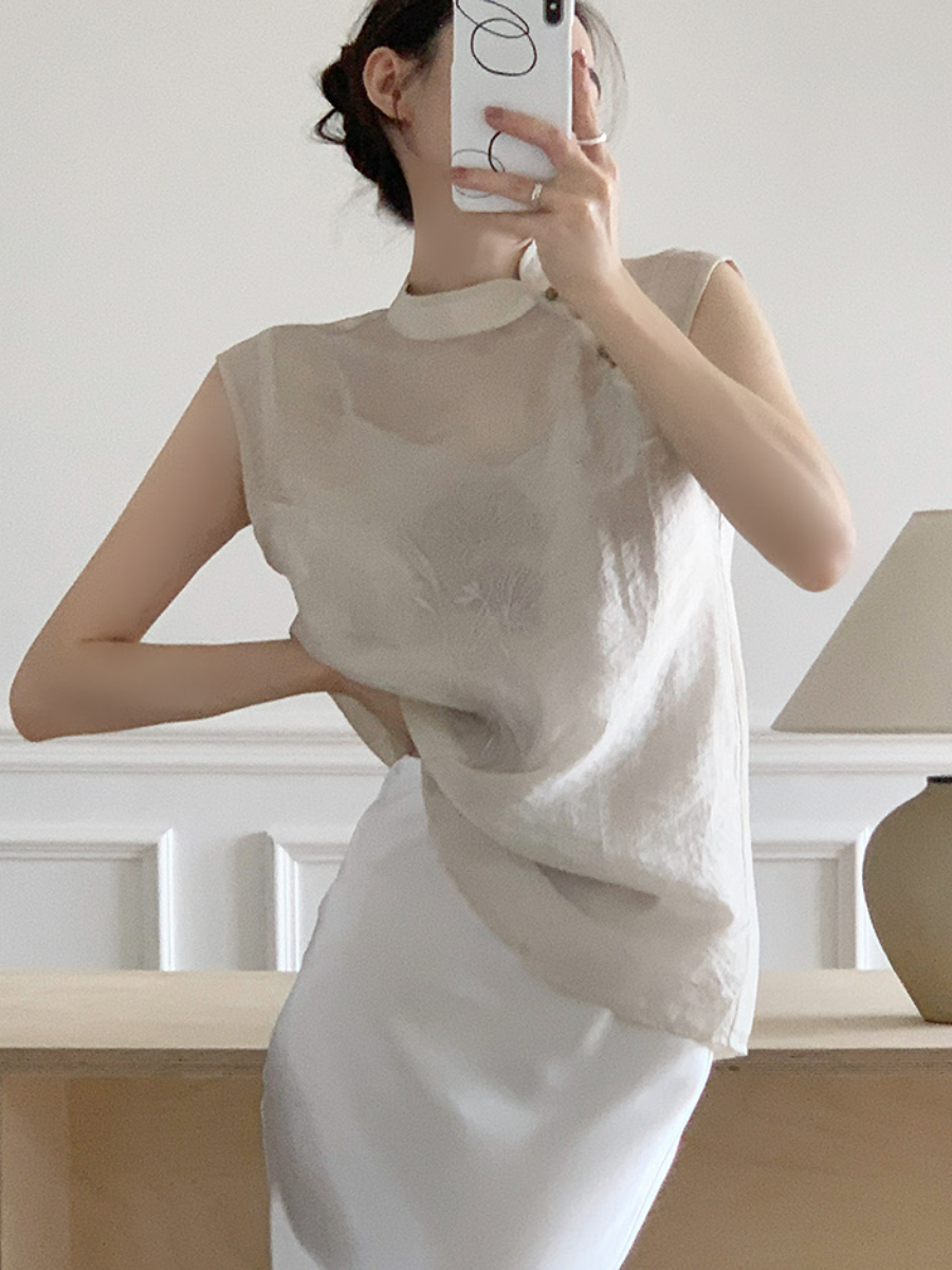 Xi An Lotus Printing Sheer Oriental Top-The Black Bow-