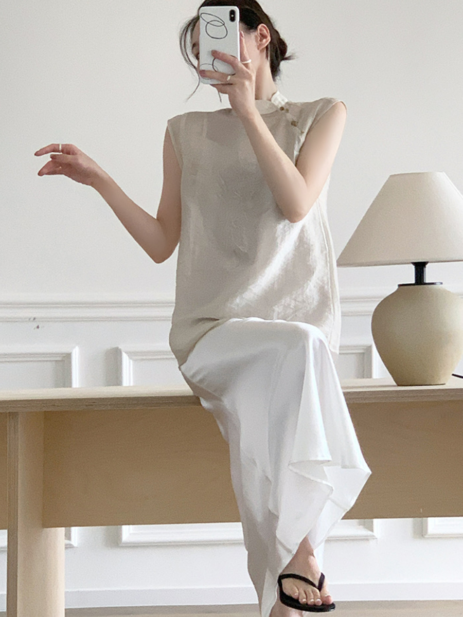 Xi An Lotus Printing Sheer Oriental Top-The Black Bow-