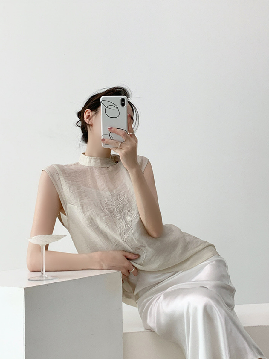 Xi An Lotus Printing Sheer Oriental Top-The Black Bow-