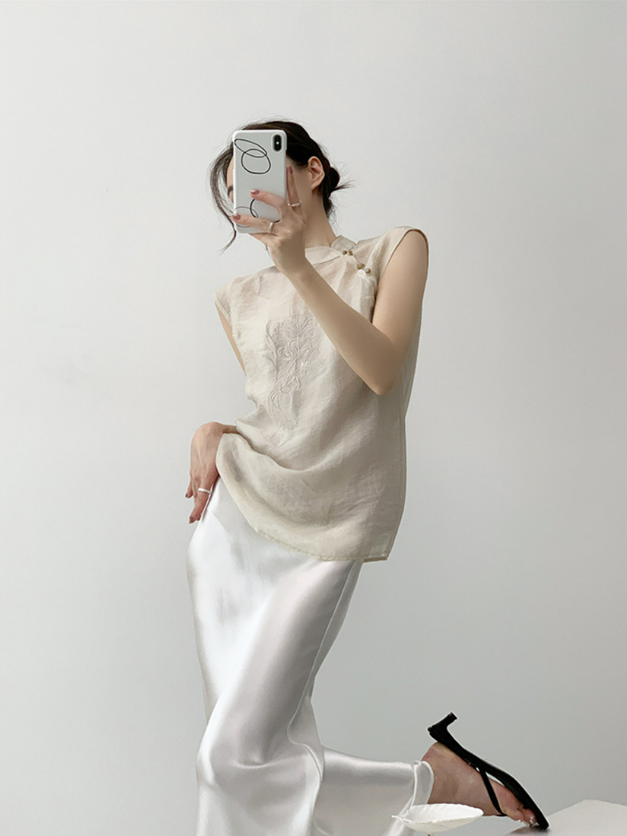 Xi An Lotus Printing Sheer Oriental Top-The Black Bow-