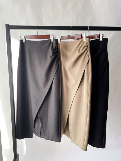 Sandrine Ruched Waist Asymmetric OL Skirt (Discounted-S, M, L size)-The Black Bow-