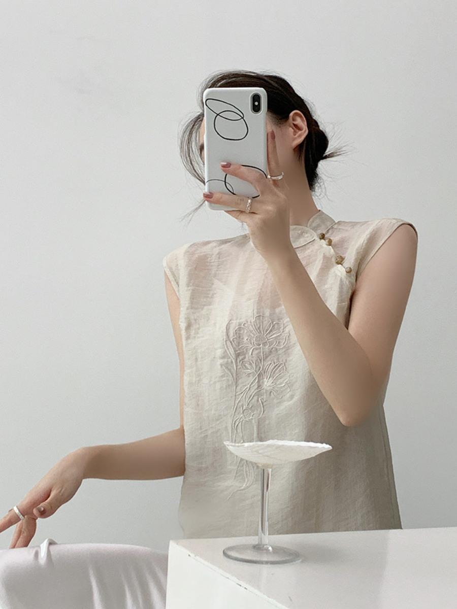 Xi An Lotus Printing Sheer Oriental Top-The Black Bow-