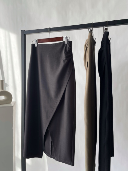 Sandrine Ruched Waist Asymmetric OL Skirt (Discounted-S, M, L size)-The Black Bow-