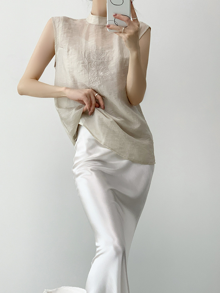 Xi An Lotus Printing Sheer Oriental Top-The Black Bow-