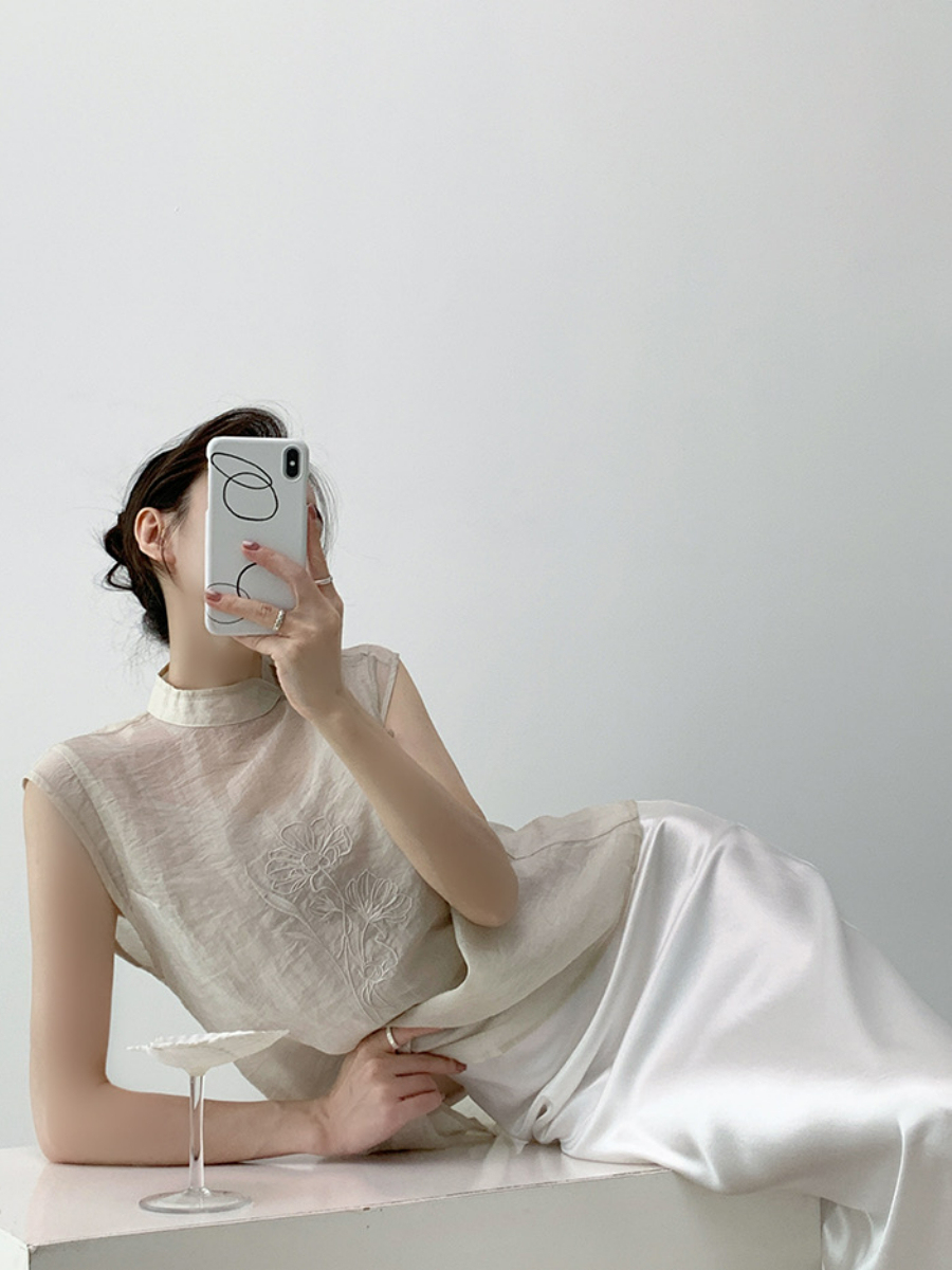 Xi An Lotus Printing Sheer Oriental Top-The Black Bow-