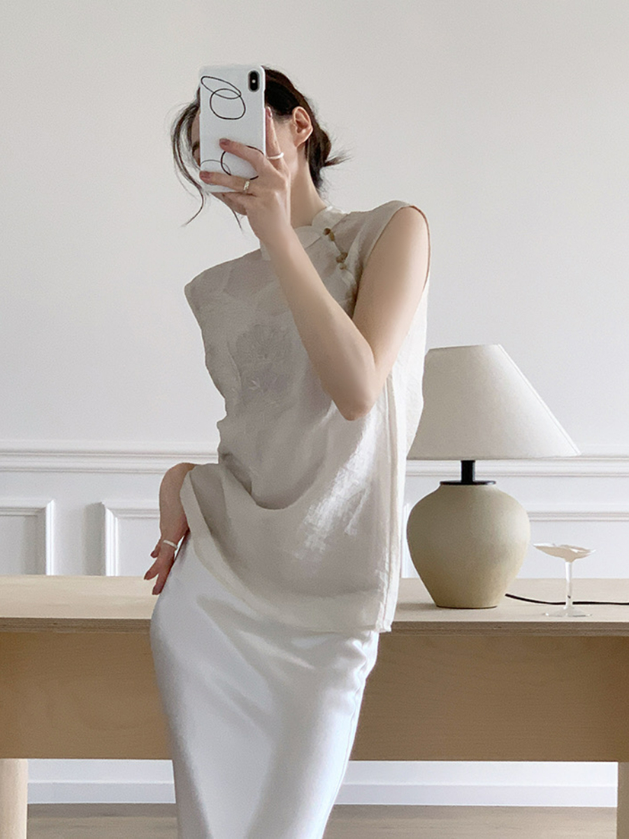 Xi An Lotus Printing Sheer Oriental Top-The Black Bow-