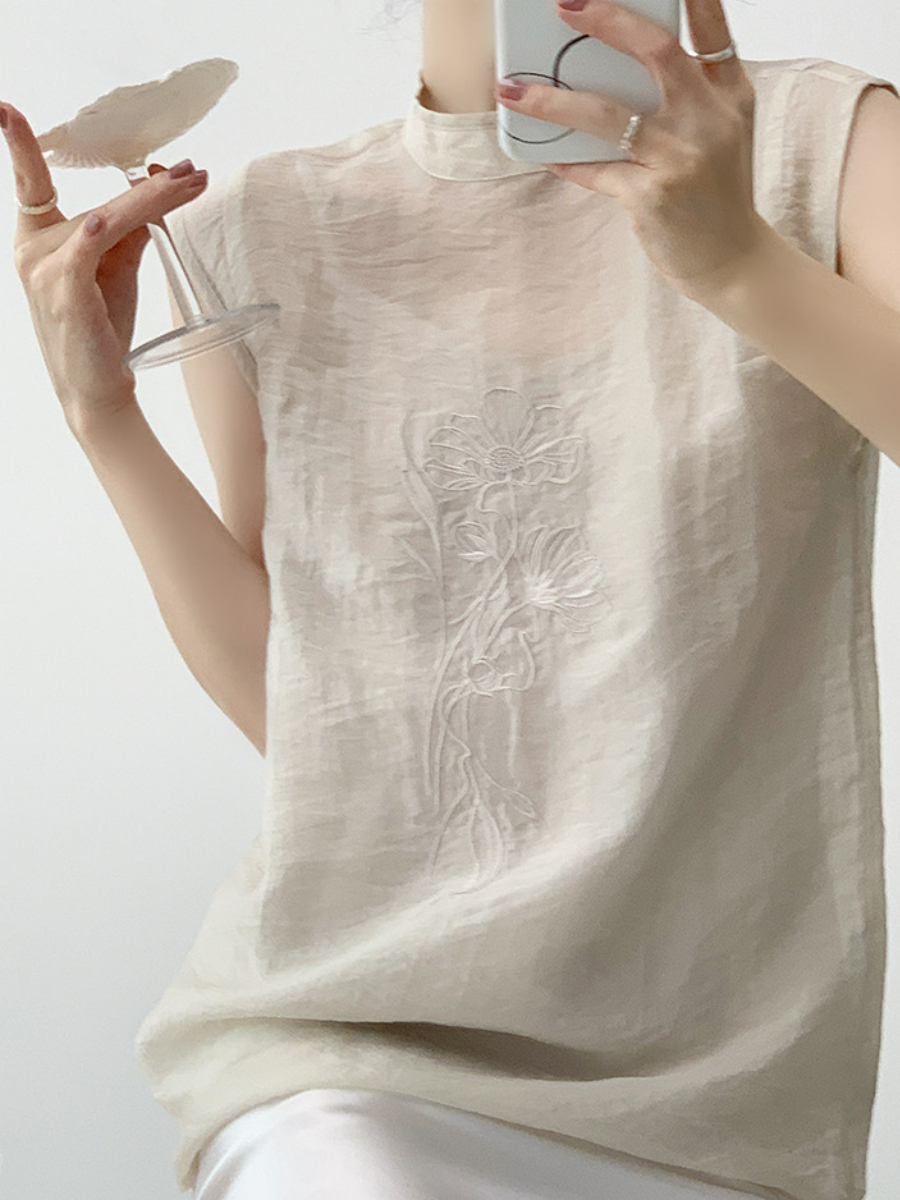 Xi An Lotus Printing Sheer Oriental Top-The Black Bow-