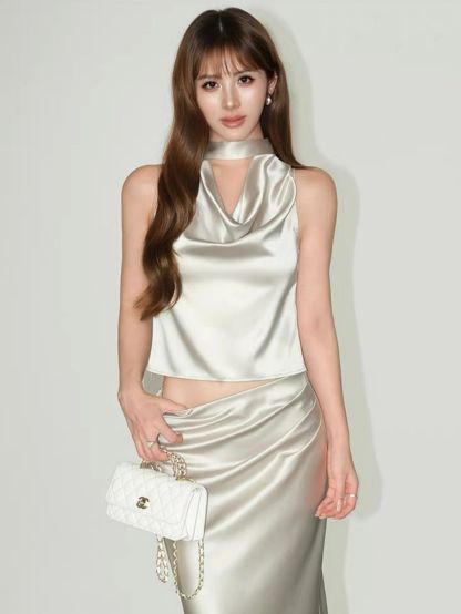 Ralynnsa Swing Collar Tie Back Satin Top & Bias Cutting Skirt (Sold seperately)