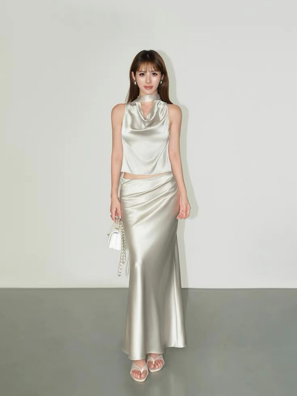 Ralynnsa Swing Collar Tie Back Satin Top & Bias Cutting Skirt (Sold seperately)
