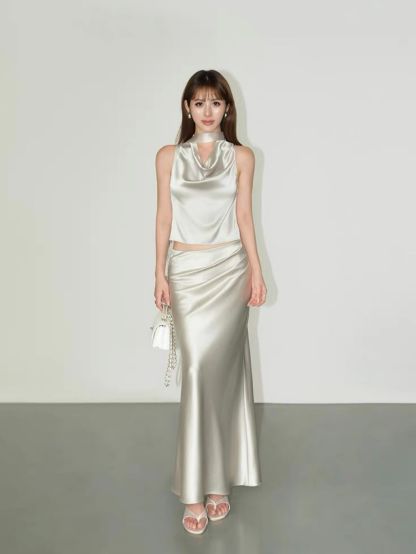 Ralynnsa Swing Collar Tie Back Satin Top & Bias Cutting Skirt (Sold seperately)